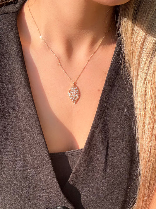 Gold Halskette - Zirkonia Blatt